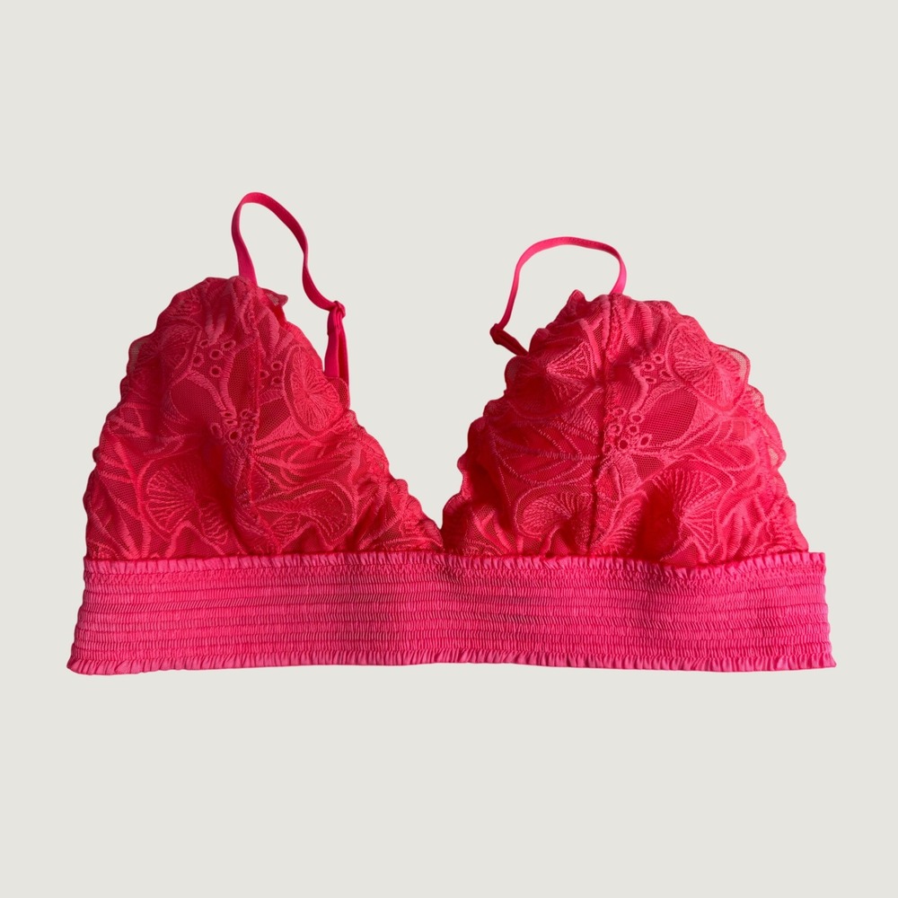 Aerie Neon Pink Floral Lace Medium Triangle Bralette Medium Smocked Band